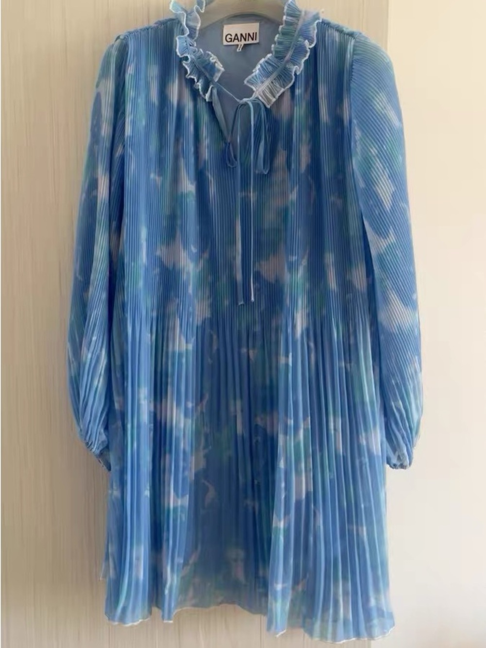 Ganni Blue & White Pleated Ruffle Tie-Neck Dress